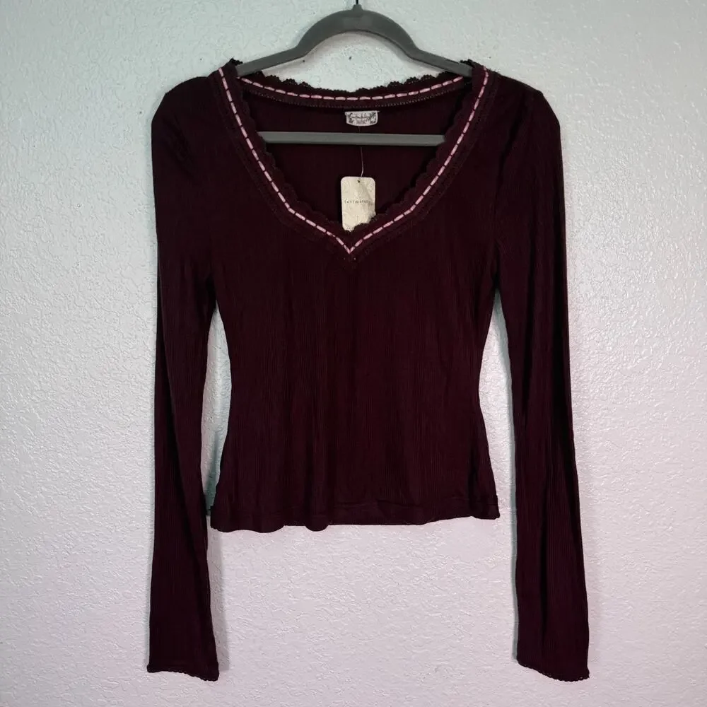 Free People Intimately Top Womens XS Only You Long Sleeve Lace Ribbed Layer NEW
